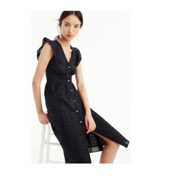 J CREW RUFFLE SLEEVE EYELET BLACK MIDI DRESS - Picture 2 of 10